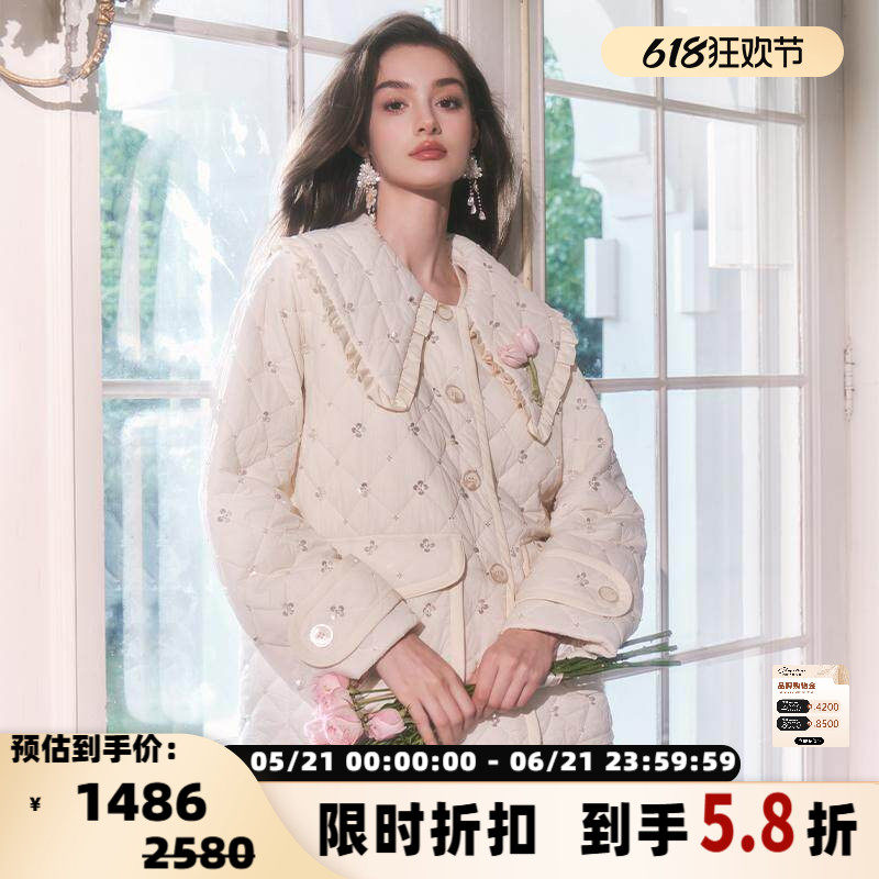 FLONAKED 秋冬女士宽松短款菱纹大翻领棉服外套银泰百货 300170