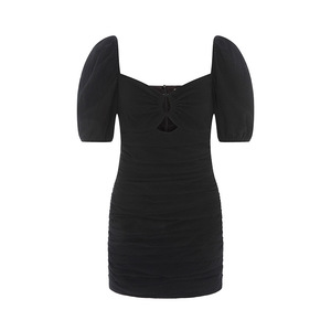 【折扣】Finders 女士简约黑色通勤褶皱低领短袖连衣裙短裙