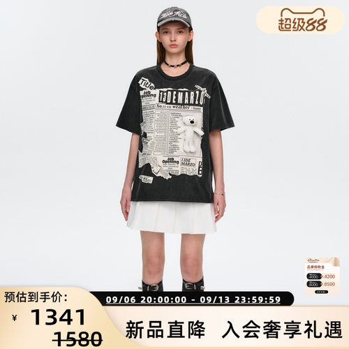 13 DE MARZO女士春夏新品报纸印花玩偶短袖T恤 银泰百货 300178