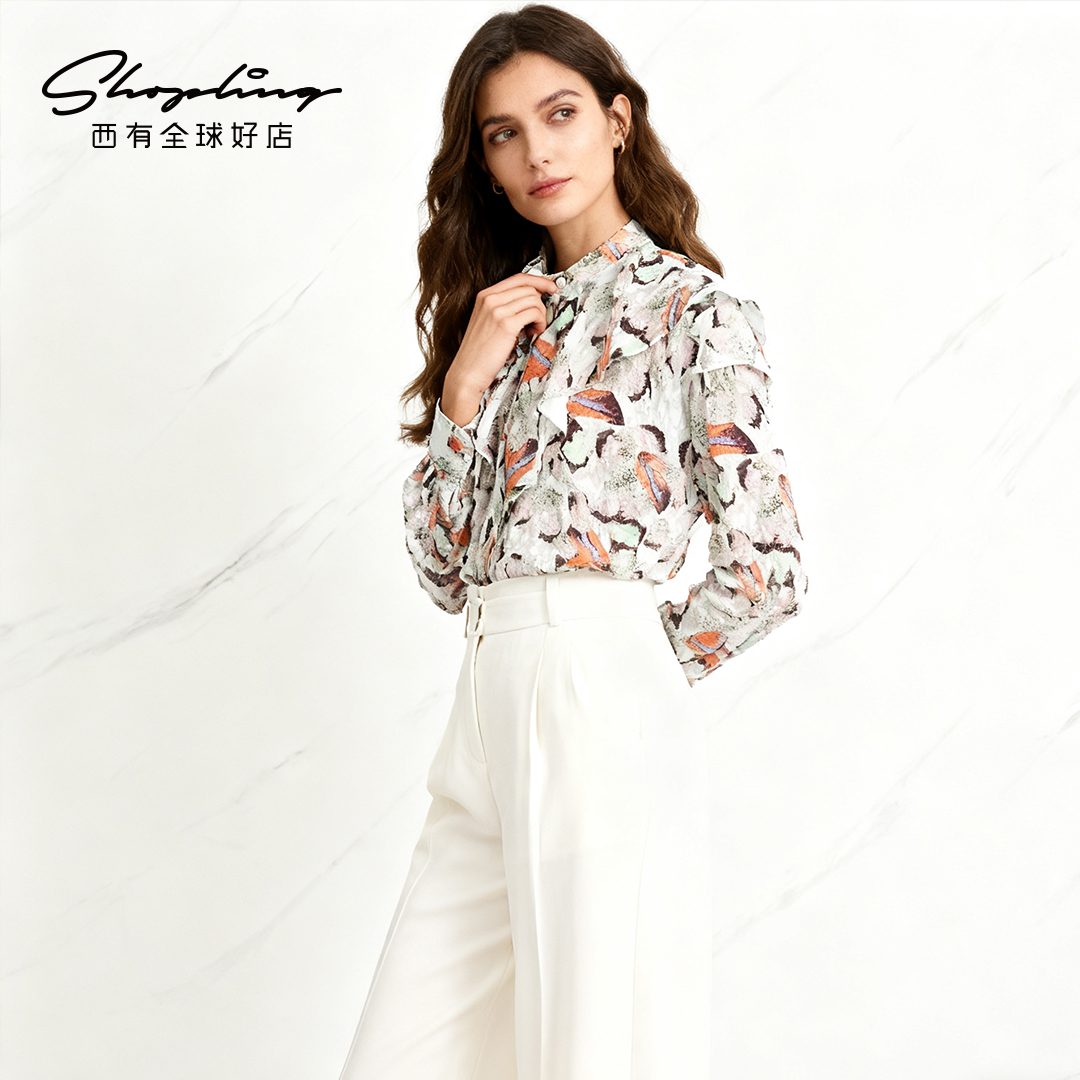 IRO 优雅都市女士满印荷叶边长袖衬衫银泰百货 301596