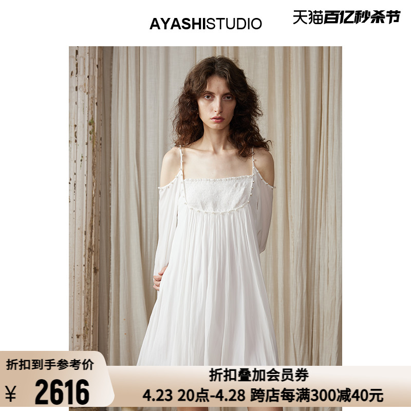 AYASHISTUDIO方领露肩连衣裙