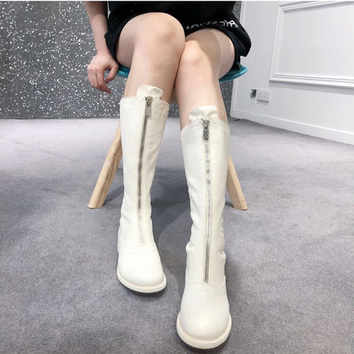 GUIDI女士马皮革圆头前拉链纯色简约中筒皮靴银泰百货 301604