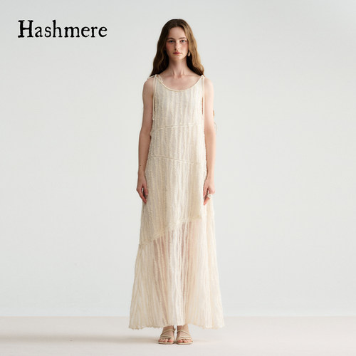 HASHMERE26春夏女士法式毛圈绣镂空拼接系带连衣裙 银泰 301612