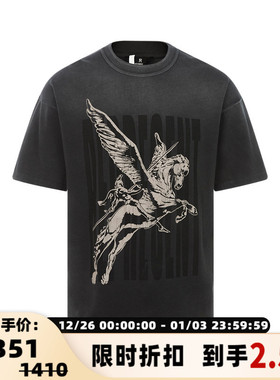 REPRESENT 春季黑色棉质飞马图案印花男士休闲圆领短袖T恤