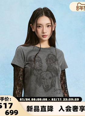 SOFITTE 25春夏新款女士做旧手绘印花蕾丝长袖T恤银泰百货 301355