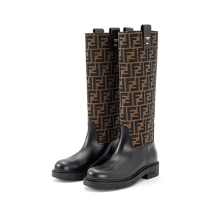 301574 靴银泰百货精品 FENDI 芬迪女士棕色圆头低跟中筒靴时装