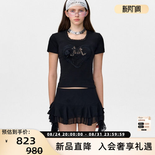 13 DE MARZO春夏女士甜美风蕾丝蝴蝶结小熊短款短袖T恤银泰300178