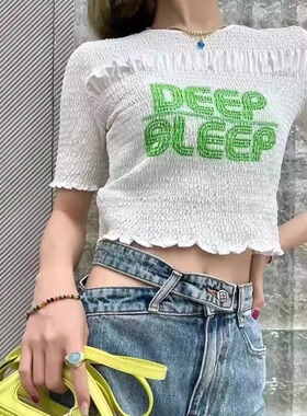 Pushbutton 春夏款女士圆领字母印花褶皱T恤银泰百货精品 301596