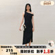 INSPIRE&STORIES女士黑色斜肩掐褶开衩斜下摆中长款 连衣裙