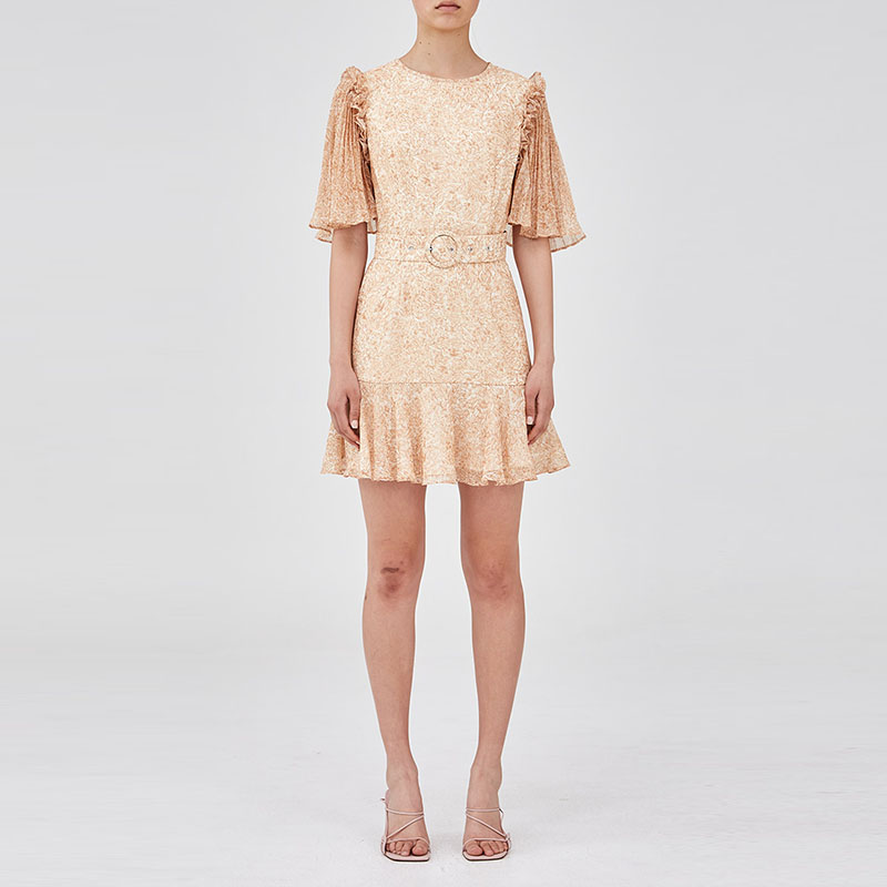 【折扣】KEEPSAKE 黄色碎花木耳边袖口腰带女士短袖连衣裙