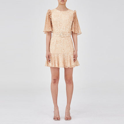 【折扣】KEEPSAKE 黄色碎花木耳边袖口腰带女士短袖连衣裙