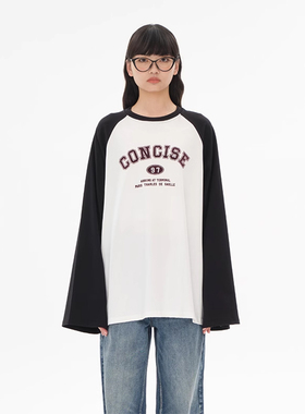 concise-white/简白 张予曦同款女士字母拼色插肩长袖T恤  301257