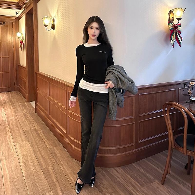 复古水洗加绒微辣牛仔裤