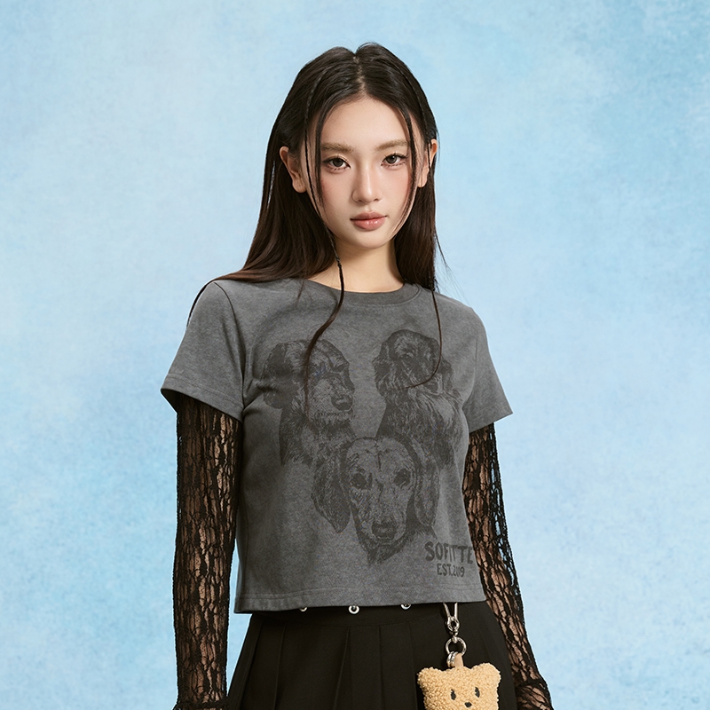 SOFITTE 25春夏新款女士做旧手绘印花蕾丝长袖T恤银泰百货 301355