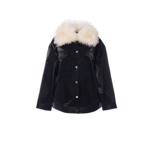 FLONAKED 可拆卸毛领宽松鳄鱼纹皮衣夹克外套 300170