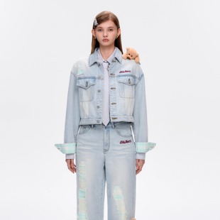 口牛仔夹克休闲短外套 25春夏女士格纹翻边袖 300178 MARZO 13DE