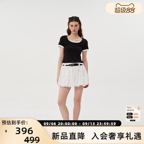 Three Quarters 26春夏新款女士莱赛尔假两件U领短袖T恤 301355