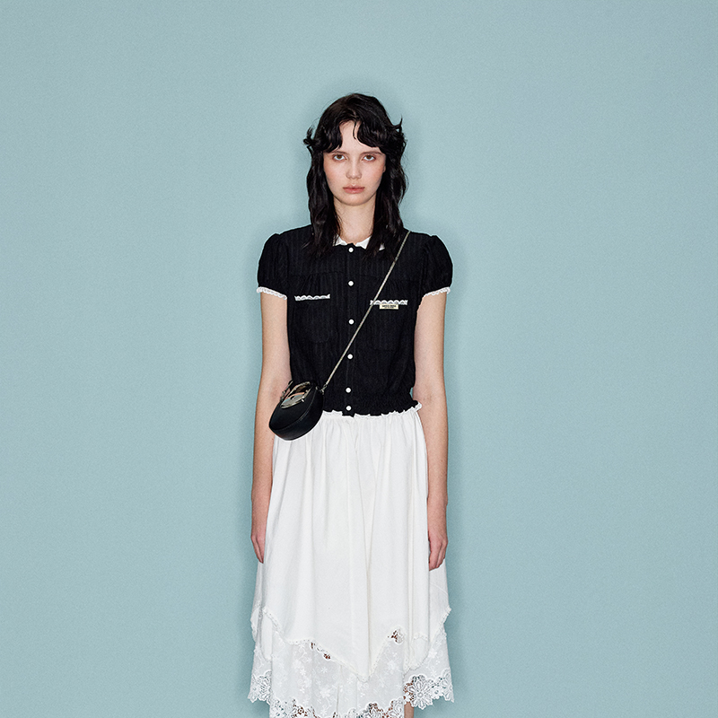 SHROENRO撞色花边上衣