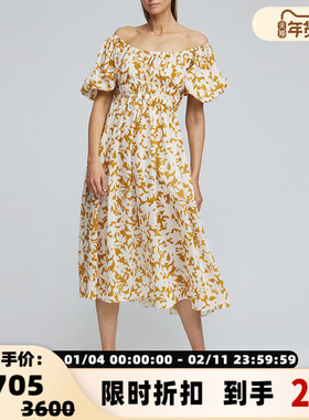 【折扣】ACLER 白色/土黄色方领抽褶腰身灯笼袖短袖女士连衣裙