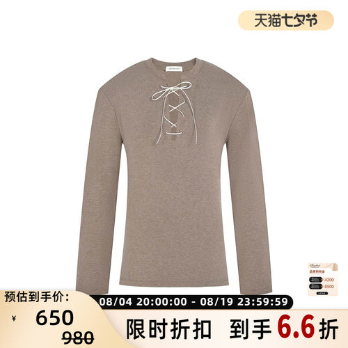 concise-white/简白女士V领系带德绒长袖T恤银泰 301257
