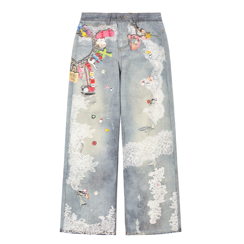 SOFITTE 秋冬新款女士链条3D立体打印直筒牛仔裤银泰百货 301355