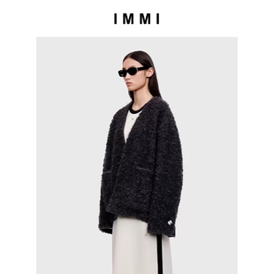 300124 女士灰色卷卷毛口袋宽松外套 IMMI 设计师品牌