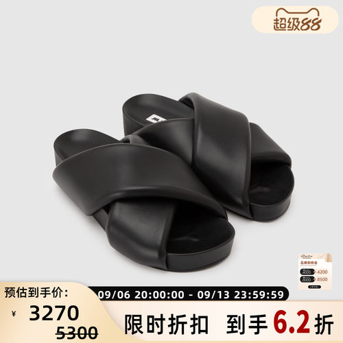 JIL SANDER 夏季女士羊皮革圆头低跟交叉绑带拖鞋银泰百货 301604