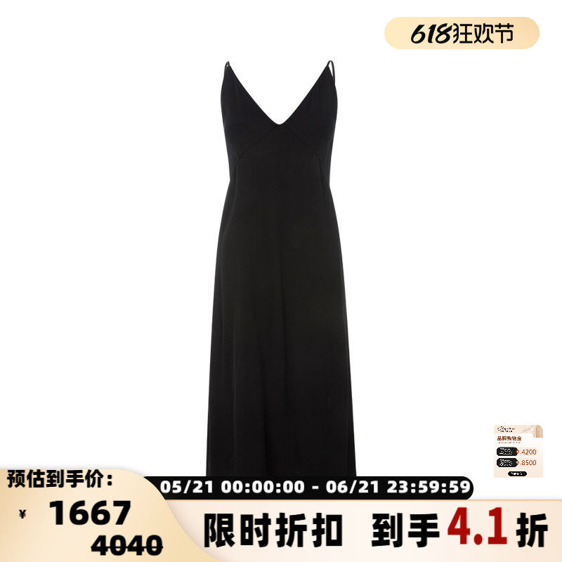 RECTO春季女士黑色深V领性感优雅气质女士吊带连衣裙长裙