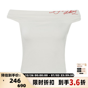 一字领无袖 女士字母刺绣修身 短T上衣银泰百货 新款 ODTD春季