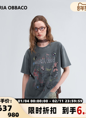 Valeria ObbacoVO25春夏灰色复古涂鸦短袖银泰百货精品 300210