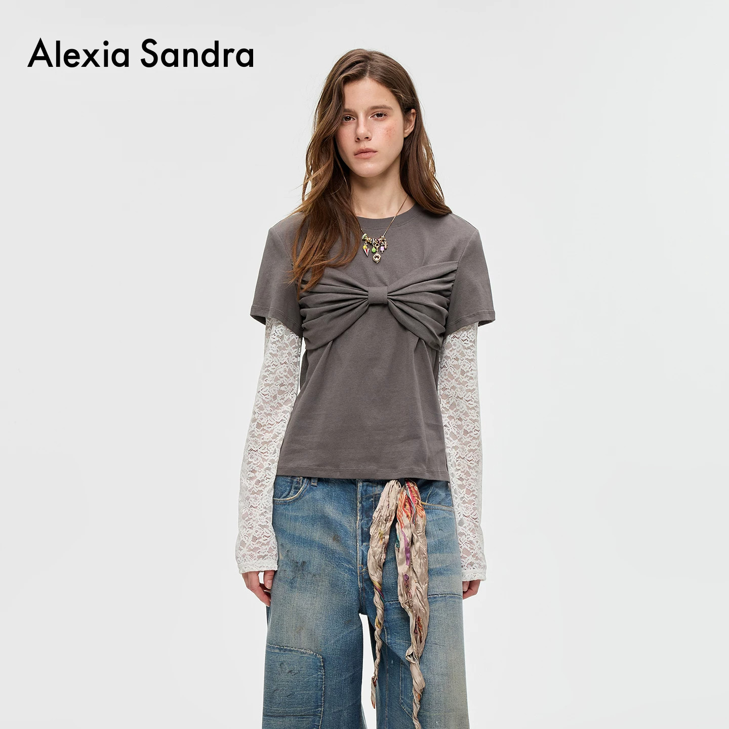 Alexia Sandra2026秋冬女士新品蝴蝶结褶皱假两件长袖T恤301261