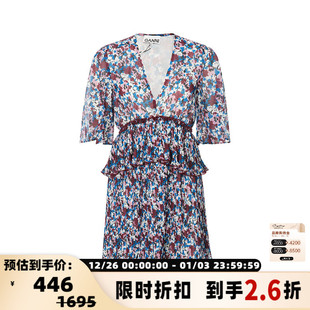 连衣裙银泰百货 碎花V领收腰褶皱荷叶边女五分袖 GANNI春季 法式