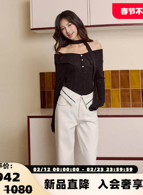 Three Quarters 女士黑色一字肩珠片长袖针织上衣银泰百货 301355