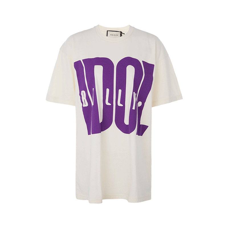 Gucci/古驰字母印花图案女士米黄色短袖T恤