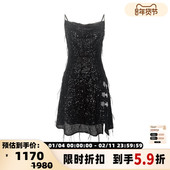 连衣裙 FLONAKED 黑色银河亮片鸵鸟毛吊带荡领修身 300170