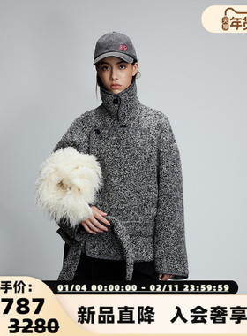 JAC FLEURANT 25新款女士灰色羊毛混纺杂色毛绑带短款大衣 301489