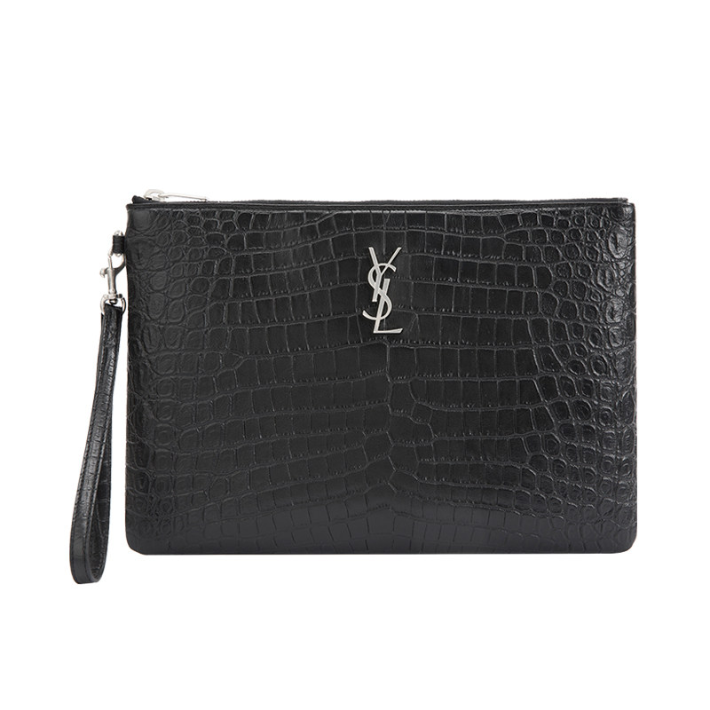YSL/圣罗兰中号黑色鳄鱼皮纹理金属logo装饰牛皮革材质女士手拿包