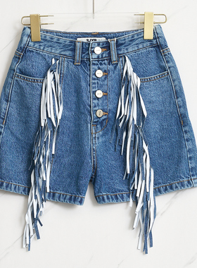 SJYP女士简约时尚高腰流苏水洗牛仔短裤银泰百货精品 301596
