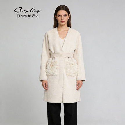 Yves Salomon 秋冬女士拼接羊毛羊绒混纺大衣银泰百货 301596