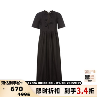 GANNI春季 连衣裙长裙银泰百货 黑色棉质蝴蝶结绑带镂空女士短袖