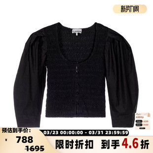 银泰百货精品 GANNI 衬衫 女士黑色缩褶大圆领长袖 301574 新款