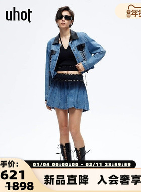 UHOT 26春夏新款女牛仔短外套设计感绑带夹克上衣银泰百货 301590