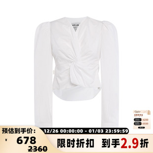 LEE 女衫 24春夏新款 衬衫 女士白色V领收腰褶皱设计套头长袖 JEANS