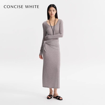 concise-white/简白系列女士可系腰长袖连衣裙银泰百货301257