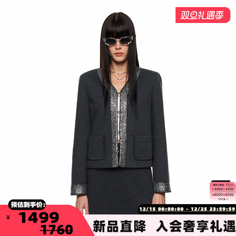 SHRO ENRO 未完成的圆  25秋冬女士重工亮片拼接V领外套 301469