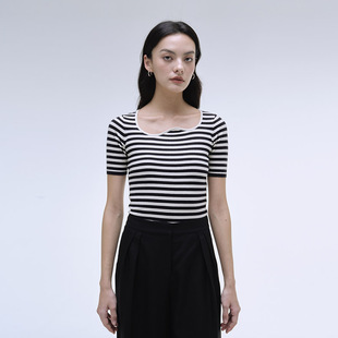 针织衫 银泰 曲线领设计条纹短袖 INSPIRE&STORIES春夏女士时尚