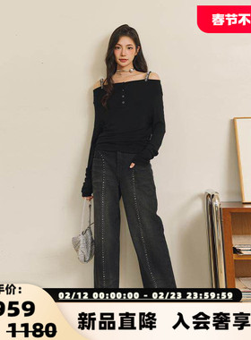 Three Quarters 秋冬女士深灰色烫钻牛仔阔腿裤银泰百货 301355