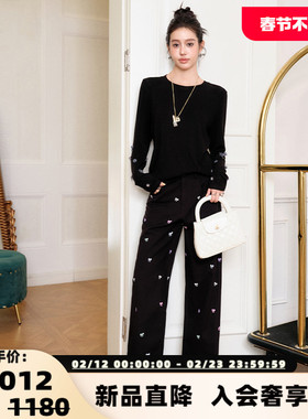 Three Quarters 女士黑色显瘦蝴蝶结刺绣直筒长裤银泰百货 301355