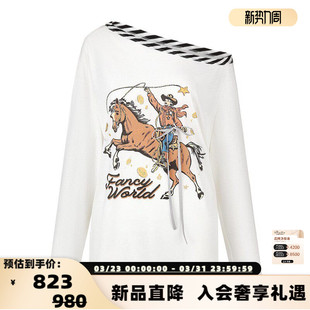 Sandra 银泰 26春夏新款 T恤衫 301261 女士马术印花斜肩长袖 Alexia