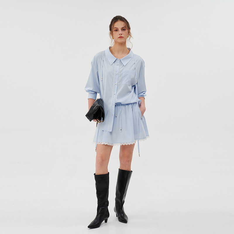 Three Quarters 26春夏女士蕾丝拼接抽绳半身裙银泰百货 301355